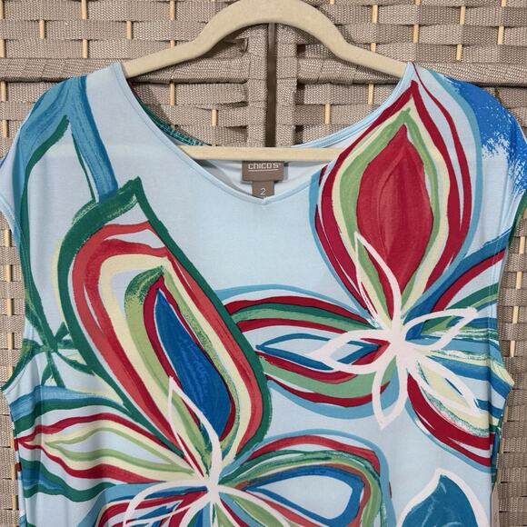 Chico’s IONA V-Neck Slinky Knit Dress Size 2/L SEAWAY BLUE Floral Cap Sleeve NEW - Picture 3 of 10